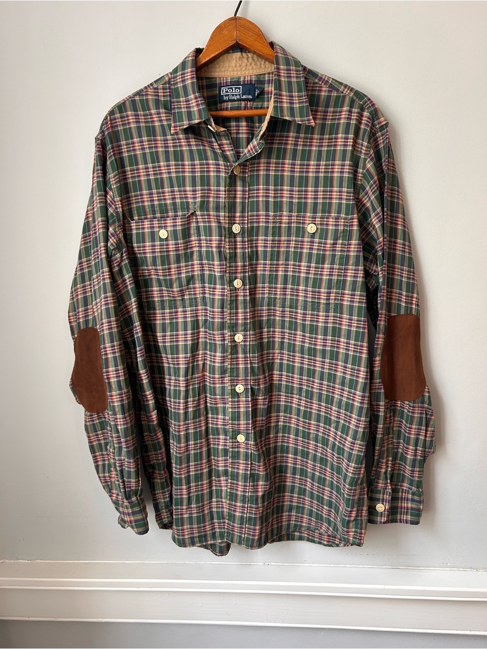 VTG Polo Country Ralph Lauren Plaid Suede Elbow Patch Button Down Shirt Men M